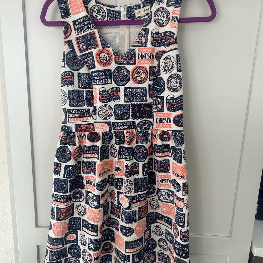 Maison Jules Navy and Coral Print Midi Dress passport travel coquette
